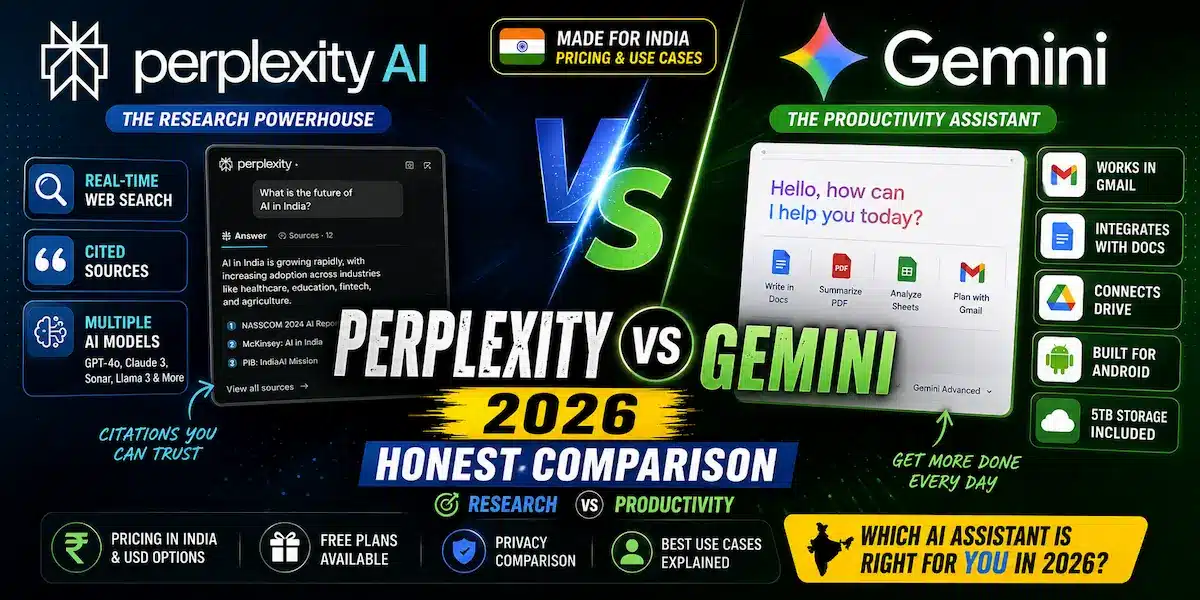 perplexity ai vs gemini 2026 — comparison of features, pricing and use cases for India
