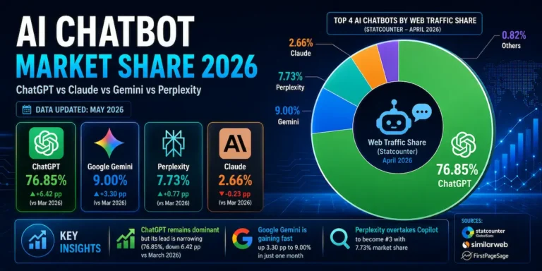ai chatbot market share 2026 — chatgpt vs claude vs gemini vs perplexity comparison chart