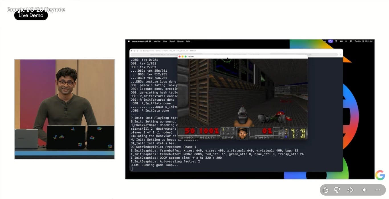 google io 2026 antigravity 2.0 doom running ai built operating system demo