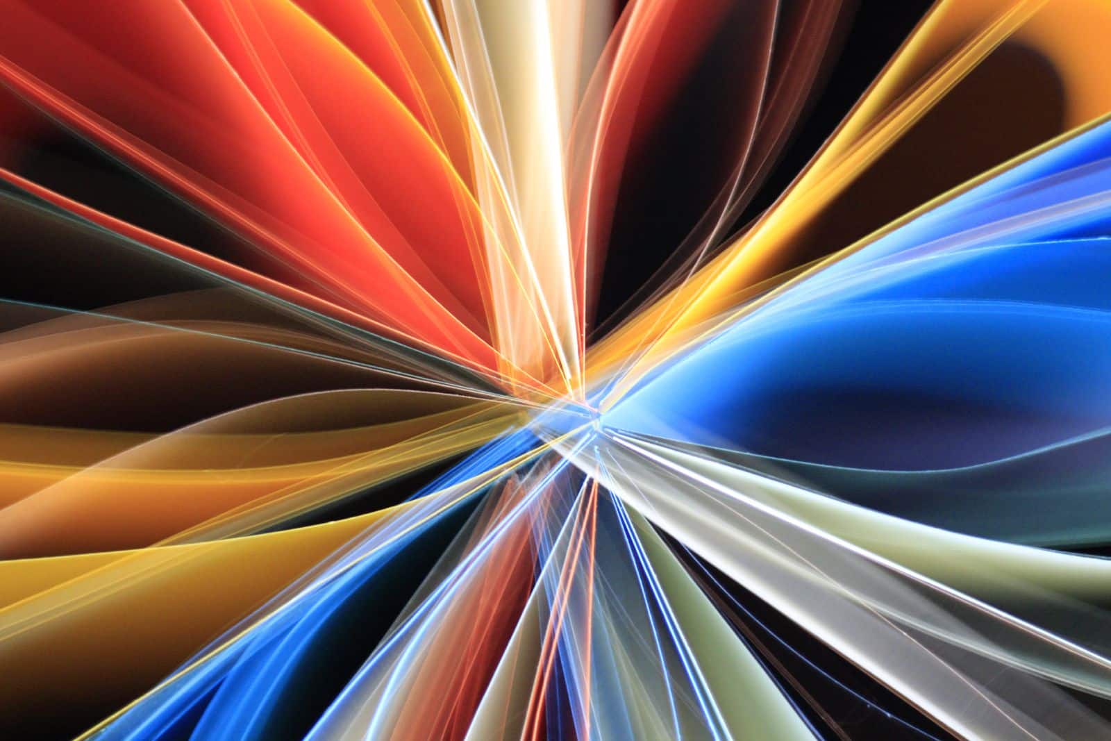 Vibrant abstract light streaks in a dynamic radiating pattern, representing AI-generated digital art