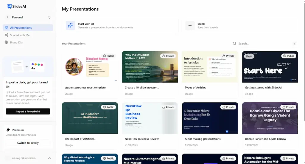 SlidesAI web app editor generating a presentation from text